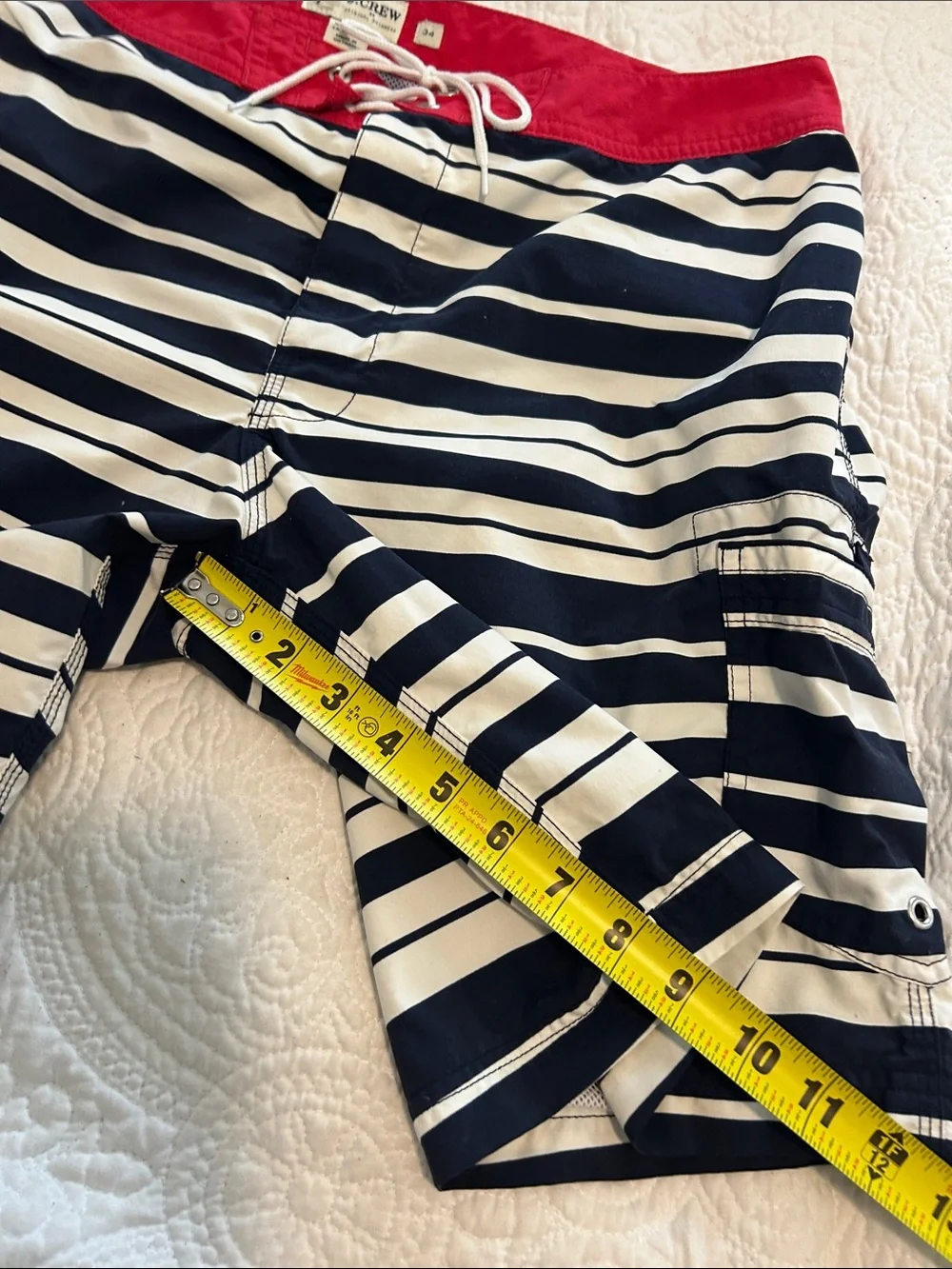 J. Crew Navy and White Striped Swim Trunks with Red Waistband Size 34